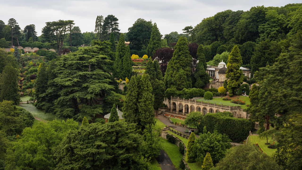 The historic gardens at Alton Towers, with cedars and a stone colonnade