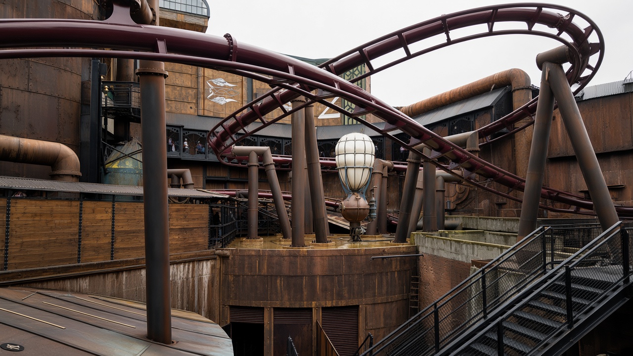 Rookburgh at Phantasialand, coaster track over a rust-coloured yard